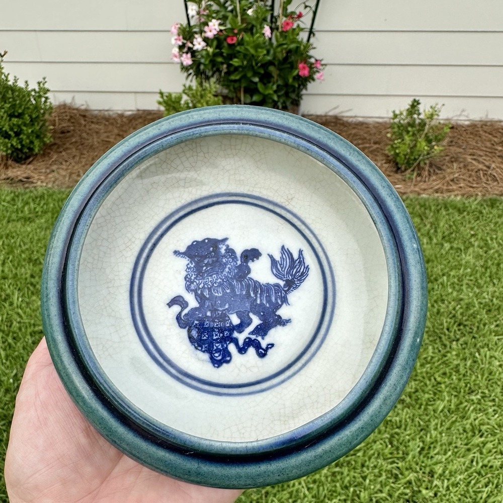 Chinese Blue Qilin Porcelain Bowl Crackle Glaze Qianlong Mark 5" Trinket Bowl